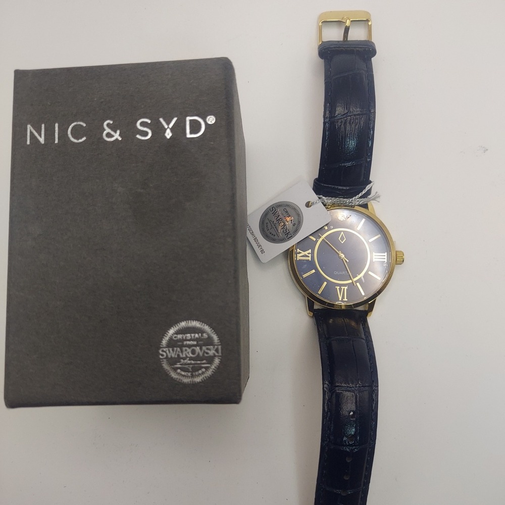 Nic & Syd Watch Gold Tone Swarovski Crystal‎ Blue Dial New in Box